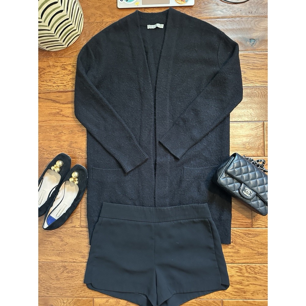 VINCE Black 100% Cashmere Long Open Front Cardigan Sweater Pockets Sz XS